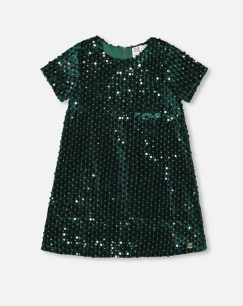 deux par deux Velvet Short Sleeve Dress Forest Green